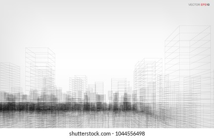 Perspective 3D render of building wireframe. Vector wireframe city background of building.