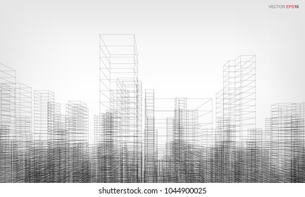 Perspective 3D render of building wireframe. Vector wireframe city background of building.
