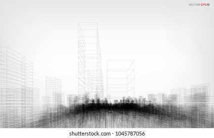Perspective 3D render of building wireframe. Vector wireframe city background of building.