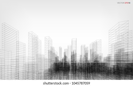 Perspective 3D render of building wireframe. Vector wireframe city background of building.