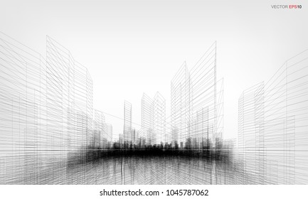 Perspective 3D render of building wireframe. Vector wireframe city background of building.