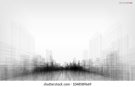 Perspective 3D render of building wireframe. Vector wireframe city background of building.