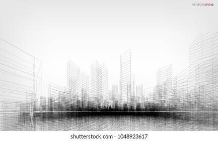 Perspective 3D render of building wireframe. Vector wireframe city background of building.