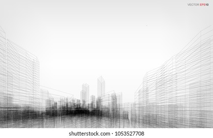 Perspective 3D render of building wireframe. Vector wireframe city background of building.