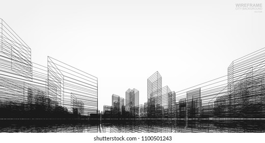 Perspective 3D render of building wireframe. Vector wireframe city background of building.