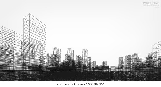 Perspective 3D render of building wireframe. Vector wireframe city background of building.