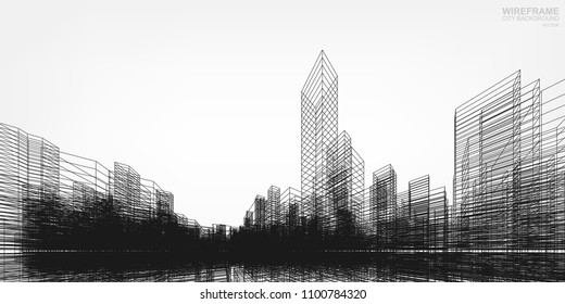 Perspective 3D render of building wireframe. Vector wireframe city background of building.