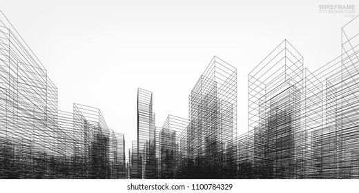 Perspective 3D render of building wireframe. Vector wireframe city background of building.