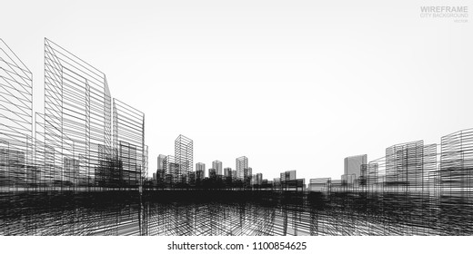 Perspective 3D render of building wireframe. Vector wireframe city background of building.