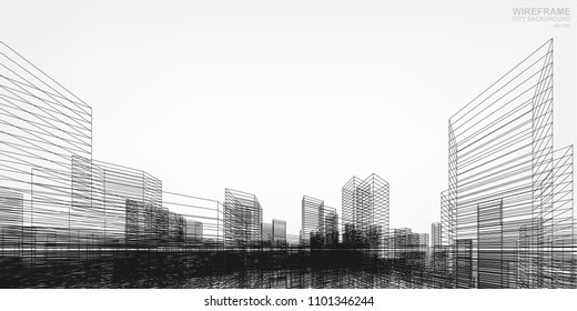 Perspective 3D render of building wireframe. Vector wireframe city background of building.