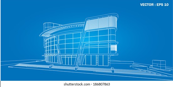 Perspective 3D render of building wireframe - Vector illustration 
