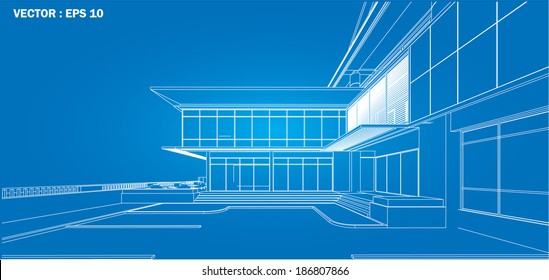 Perspective 3D render of building wireframe - Vector illustration 