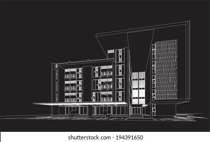 Perspective 3D render of building wireframe - Vector illustration 