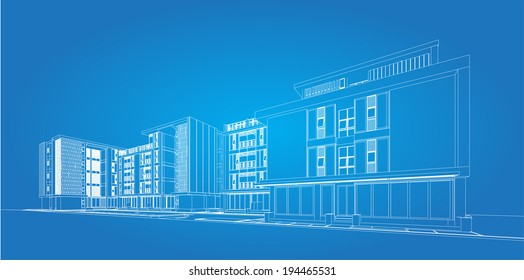 Perspective 3D render of building wireframe - Vector illustration 