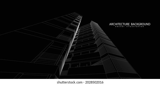 Perspective 3D render of building wireframe - Vector illustration