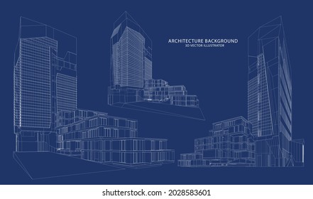 Perspective 3D render of building wireframe - Vector illustration