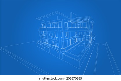 Perspective 3D render of building wireframe - Vector illustration 