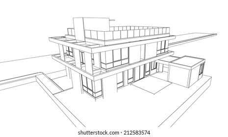 Perspective 3D render of building wireframe - Vector illustration 