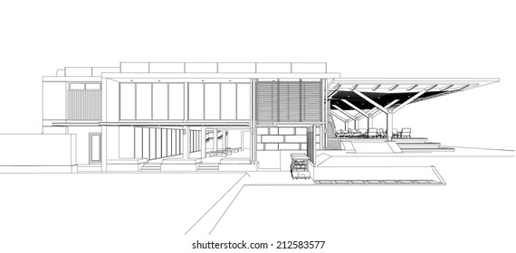 Perspective 3D render of building wireframe - Vector illustration 