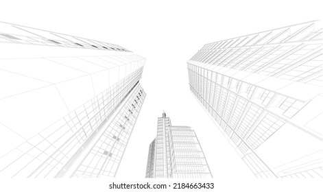 Perspective 3D render of building wireframe - Vector illustration