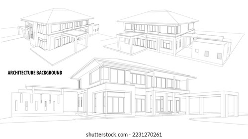 Perspective 3D render of building wireframe.