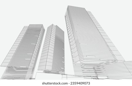 Perspective 3D render of building wireframe - Vector illustration