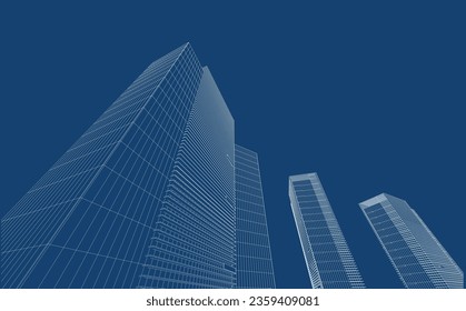 Perspective 3D render of building wireframe - Vector illustration