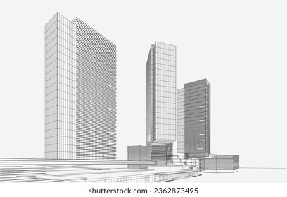 Representación en 3D de la perspectiva del armazón de alambre de construcción - Ilustración vectorial