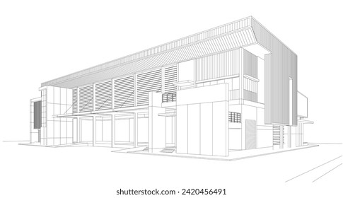 Perspective 3D render of building wireframe - Vector illustration