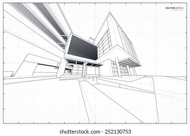 Perspective 3D render of building wireframe. Vector illustration 