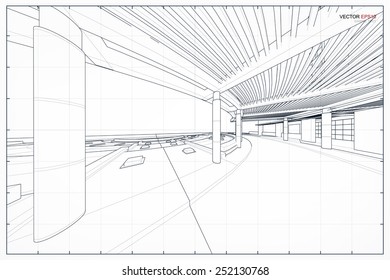 Perspective 3D render of building wireframe. Vector illustration 