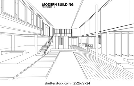 Perspective 3D render of building wireframe - Vector illustration