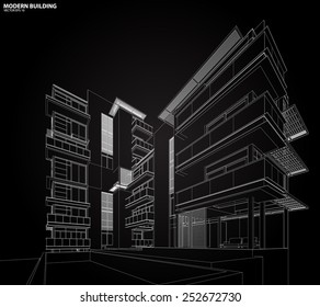 Perspective 3D render of building wireframe - Vector illustration