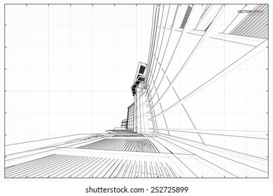 Perspective 3D render of building wireframe. Vector illustration.