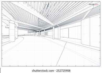 Perspective 3D render of building wireframe. Vector illustration.