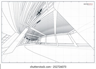 Perspective 3D render of building wireframe. Vector illustration.