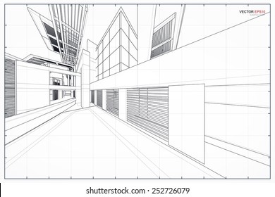 Perspective 3D render of building wireframe. Vector illustration.