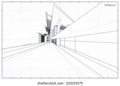 Perspective 3D render of building wireframe. Vector illustration