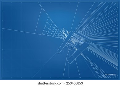 Perspective 3D render of building wireframe. Vector blueprint background.