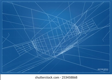 Perspective 3D render of building wireframe. Vector blueprint background.