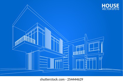 Perspective 3D render of building wireframe - Vector illustration 