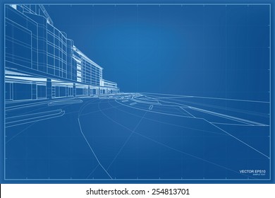 Perspective 3D Render Of Building Wireframe. Vector Blueprint Background.