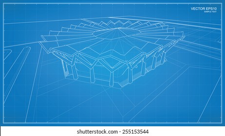 Perspective 3D render of building wireframe. Vector blueprint background.