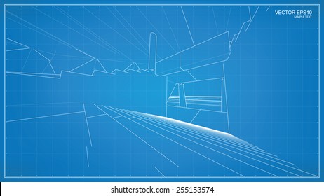 Perspective 3D render of building wireframe. Vector blueprint background.