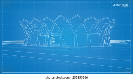 Perspective 3D render of building wireframe. Vector blueprint background.