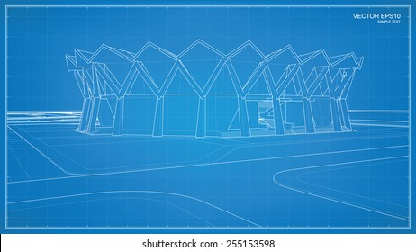 Perspective 3D render of building wireframe. Vector blueprint background.