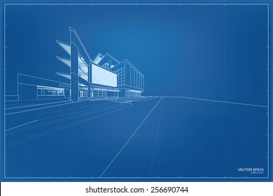 Perspective 3D Render Of Building Wireframe. Vector Blueprint Background.