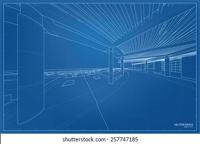 Perspective 3D render of building wireframe. Vector blueprint background.