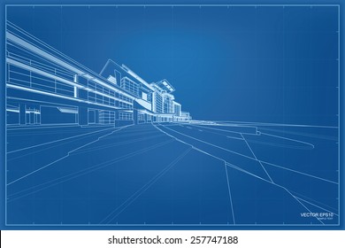 Perspective 3D render of building wireframe. Vector blueprint background.