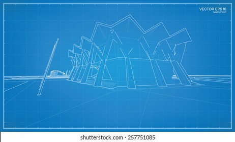Perspective 3D render of building wireframe. Vector blueprint background.